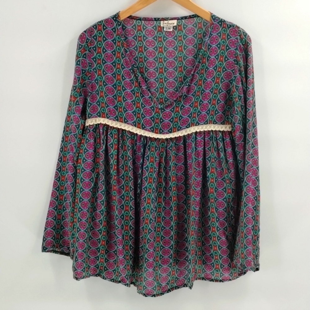 Natural Life "Live Happy' babydoll peasant blouse small-medium long sleeve